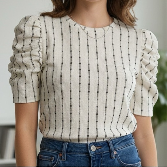 LOFT Tops - ❤️LOFT White and Black Striped Puff Sleeve Tee